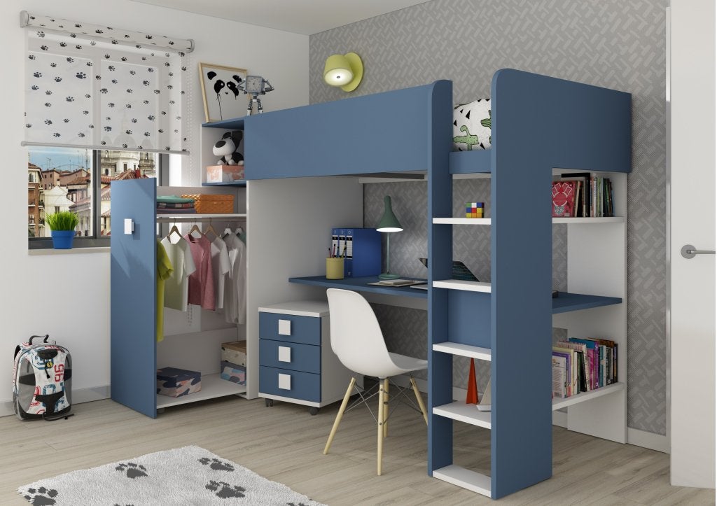 Jules hoogslaper plus met bureau en kast - 90x200 - Blauw, Niet ingevuld, Niet ingevuld, Niet ingevuld