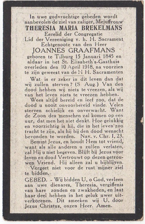 Theresia Brekelmans 1845 Tilburg + 1918 Tilburg, 73 jaar oud, Verzamelen, Bidprentjes en Rouwkaarten, Verzenden