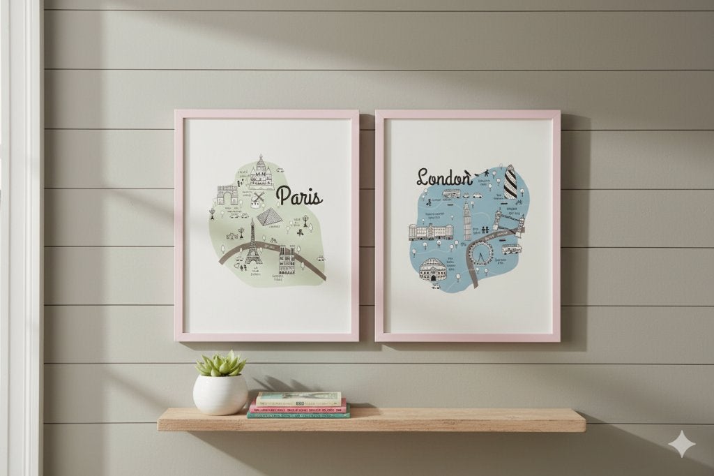 2 Ikea Fiskbo Lijsten: Parijs en Londen 50x40, Ophalen, Hangend, 50 cm, Ingelijst werk