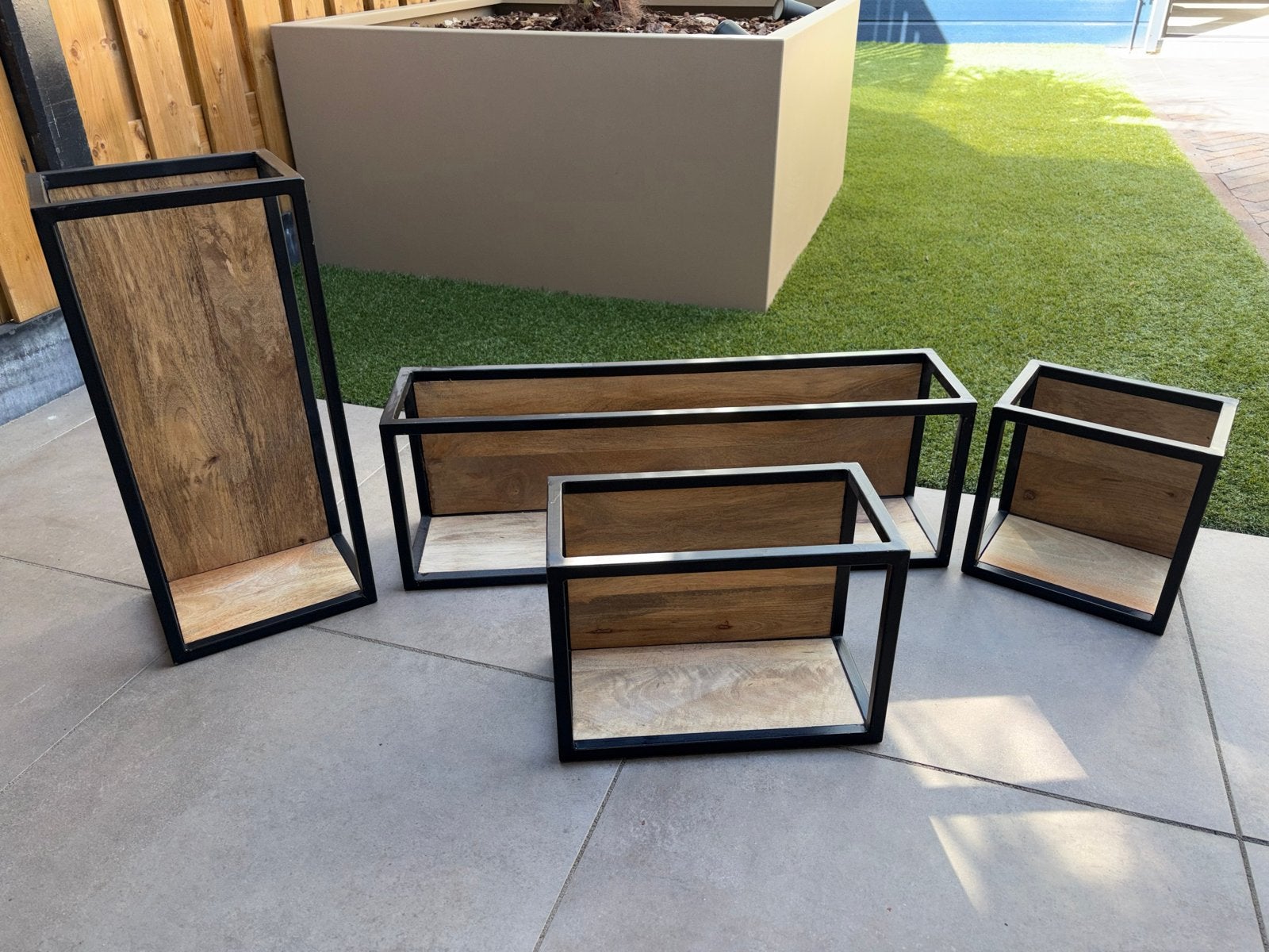 Set van 4 industriële metalen en houten opbergboxen/rekken, Ophalen, Hout, Zwart, Nieuw