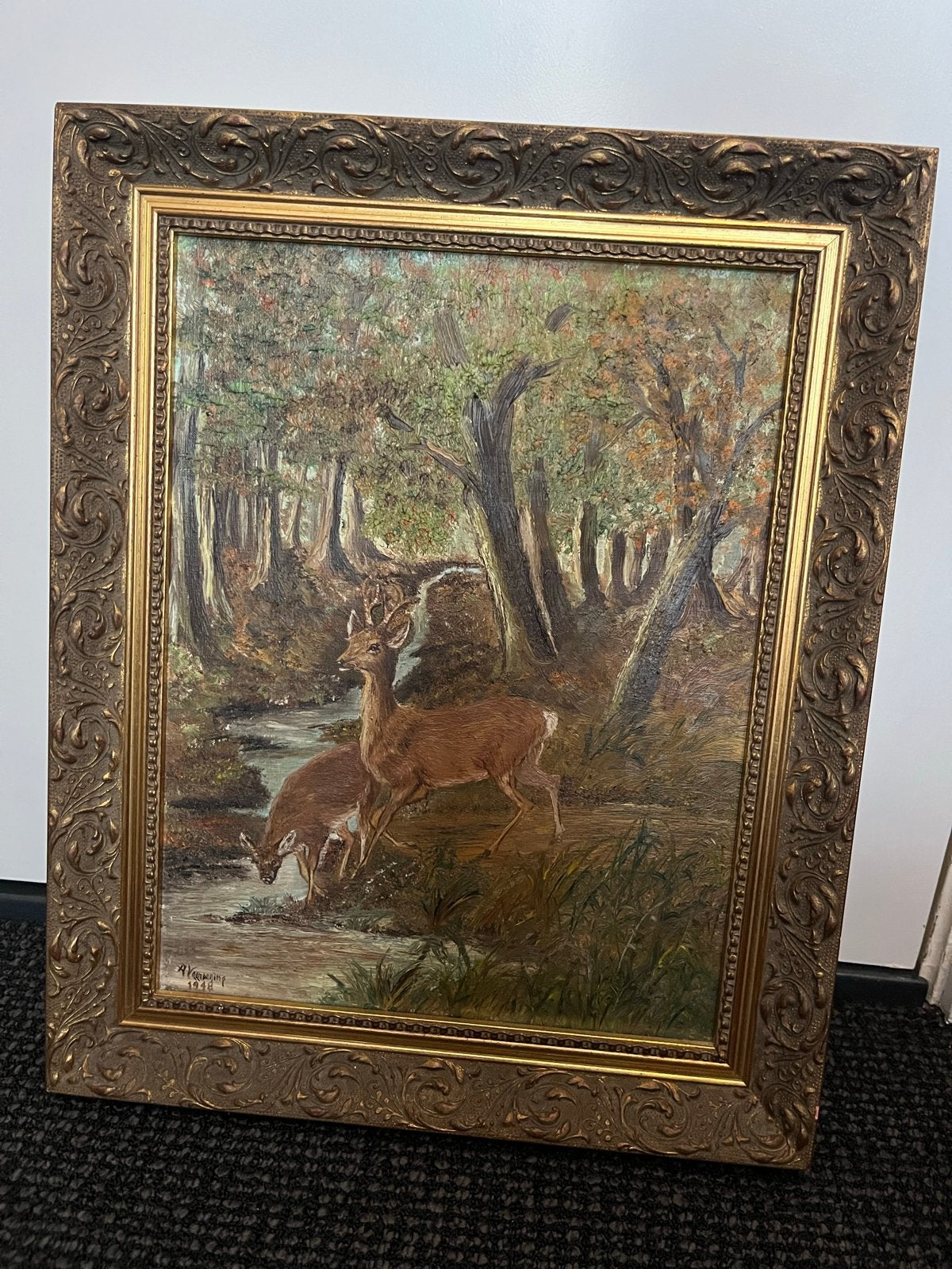Olieverfschilderij herten–1948-prachtige sierlijst, Ophalen, Doek, Realistisch, Dieren