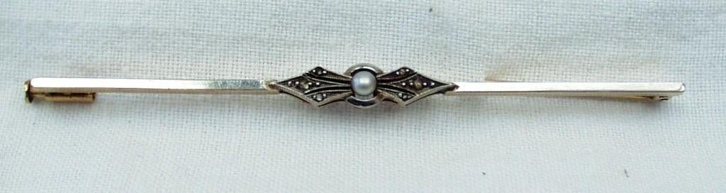 ART DECO speld 18kt goud diamant parel., Ophalen of Verzenden, Goud, Broche, Met edelsteen
