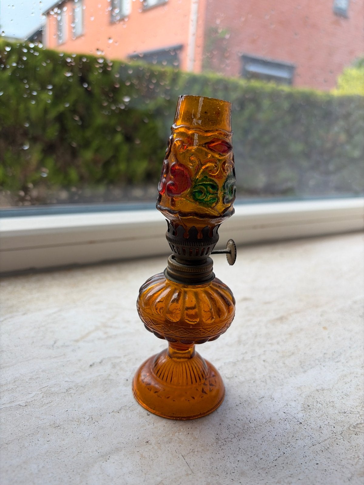 Vintage Mini Olie Lampje - Amberkleurig Glas, Antiek en Kunst, Ophalen