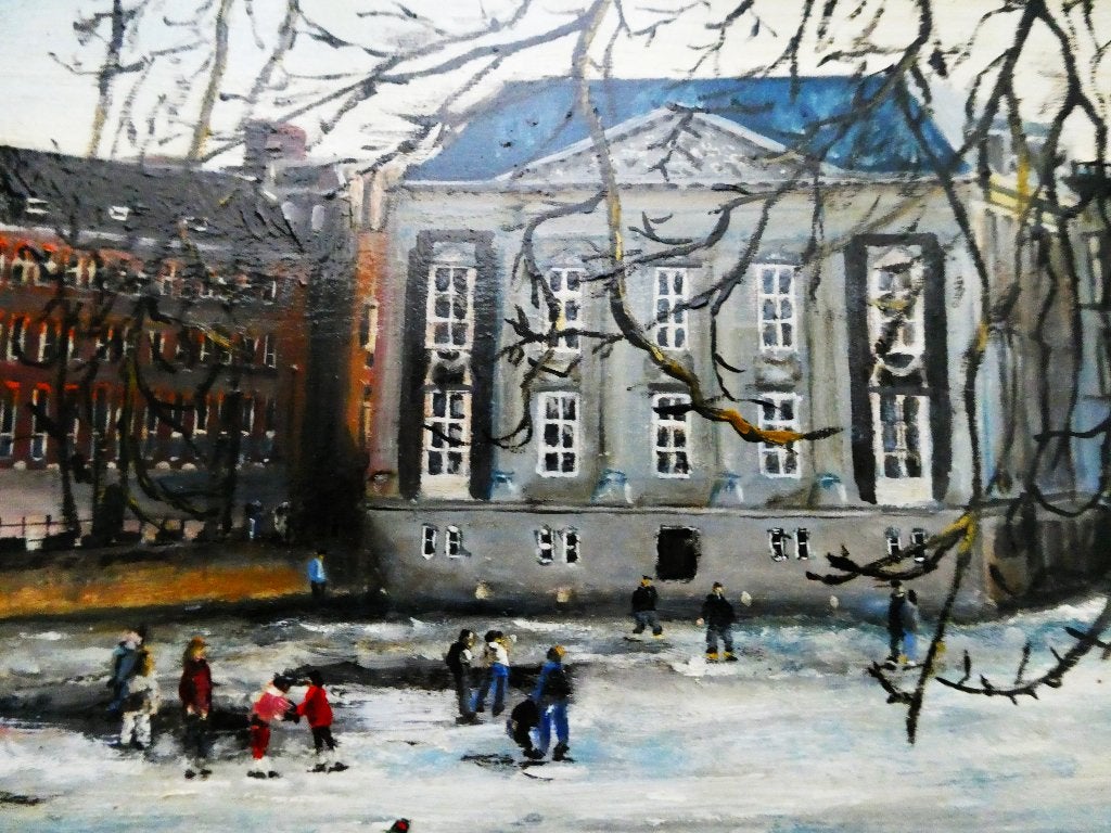 Schilderij van de Hofvijver met wintertafereel Den Haag, Impressionistisch, Ophalen of Verzenden, Gesigneerd, Olieverf