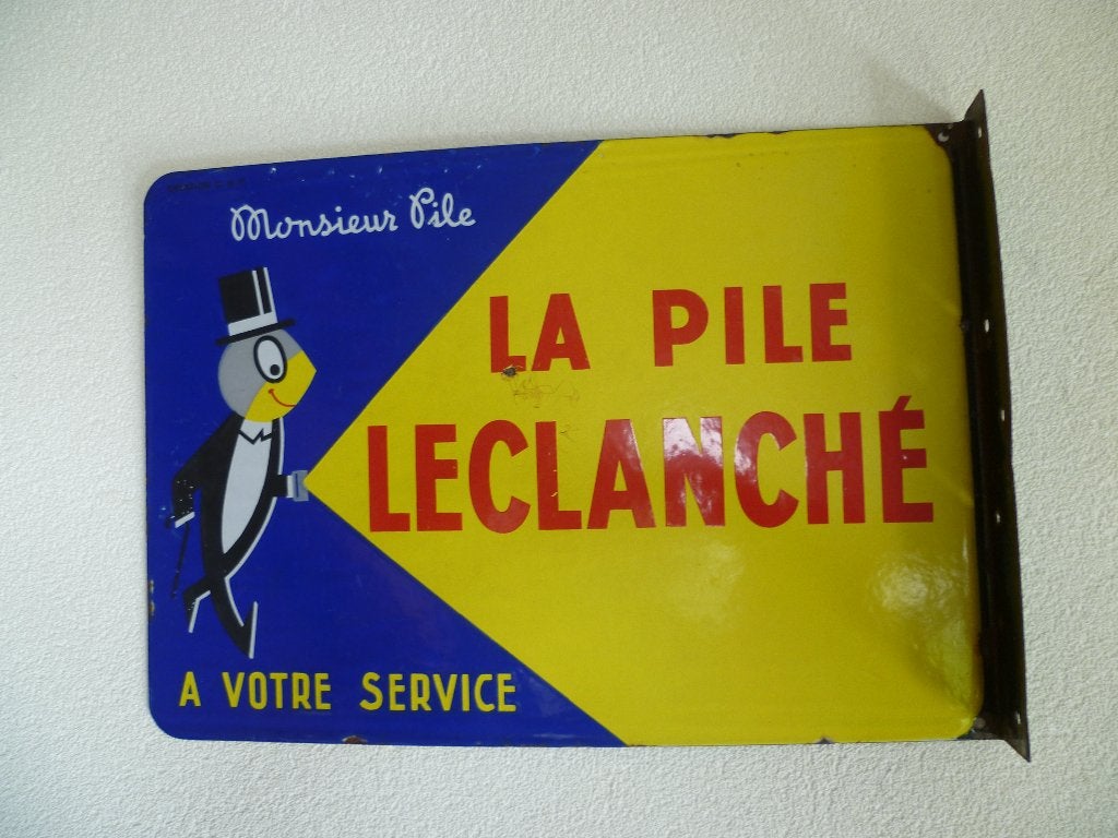 EMAILLE DUBBELZIJDIG RECLAMEBORD"LA PILE LECLANCHE''JAREN 50, Ophalen of Verzenden, Gebruikt, Reclamebord