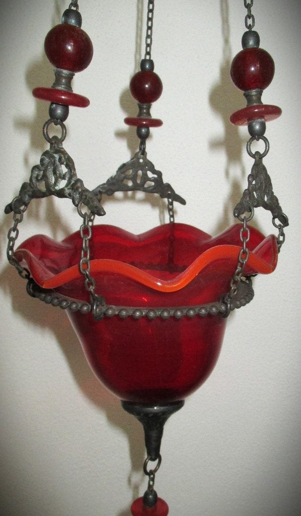 Hangkandelaar~Olielamp~Antieke Glazen Lamp ~houder~ kerk, Ophalen of Verzenden, Glas