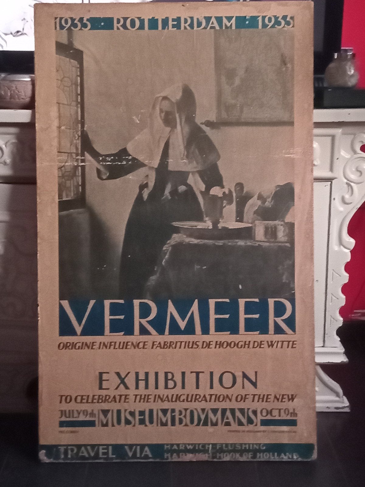 Origineel Vermeer tentoonstelling affiche 1935 op hout, Met lijst, Deurposter of groter, Ophalen of Verzenden, Overige onderwerpen