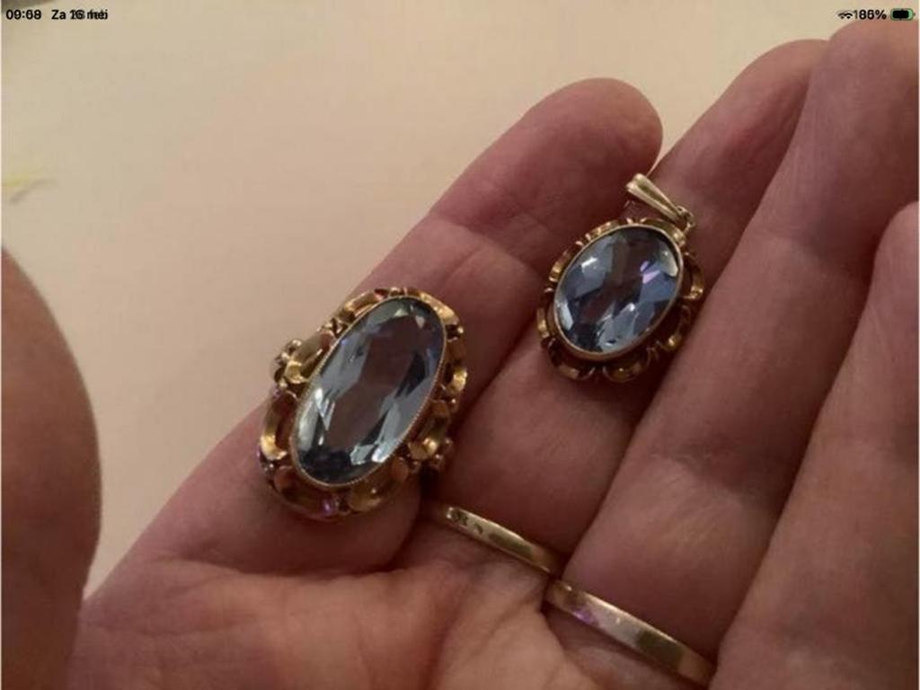 Antieke gouden set ring kettinghanger Aquamarijn 14 k goud, Verzenden, Zo goed als nieuw, 17 tot 18, Met edelsteen
