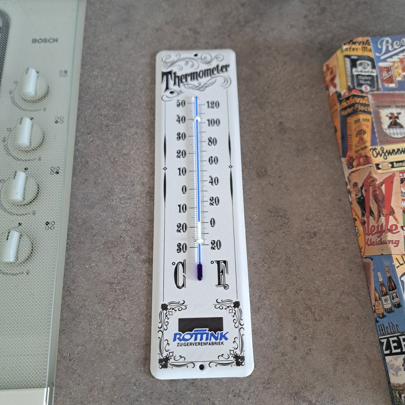 nieuwe emaille thermometer in doos., Antiek en Kunst, Ophalen of Verzenden
