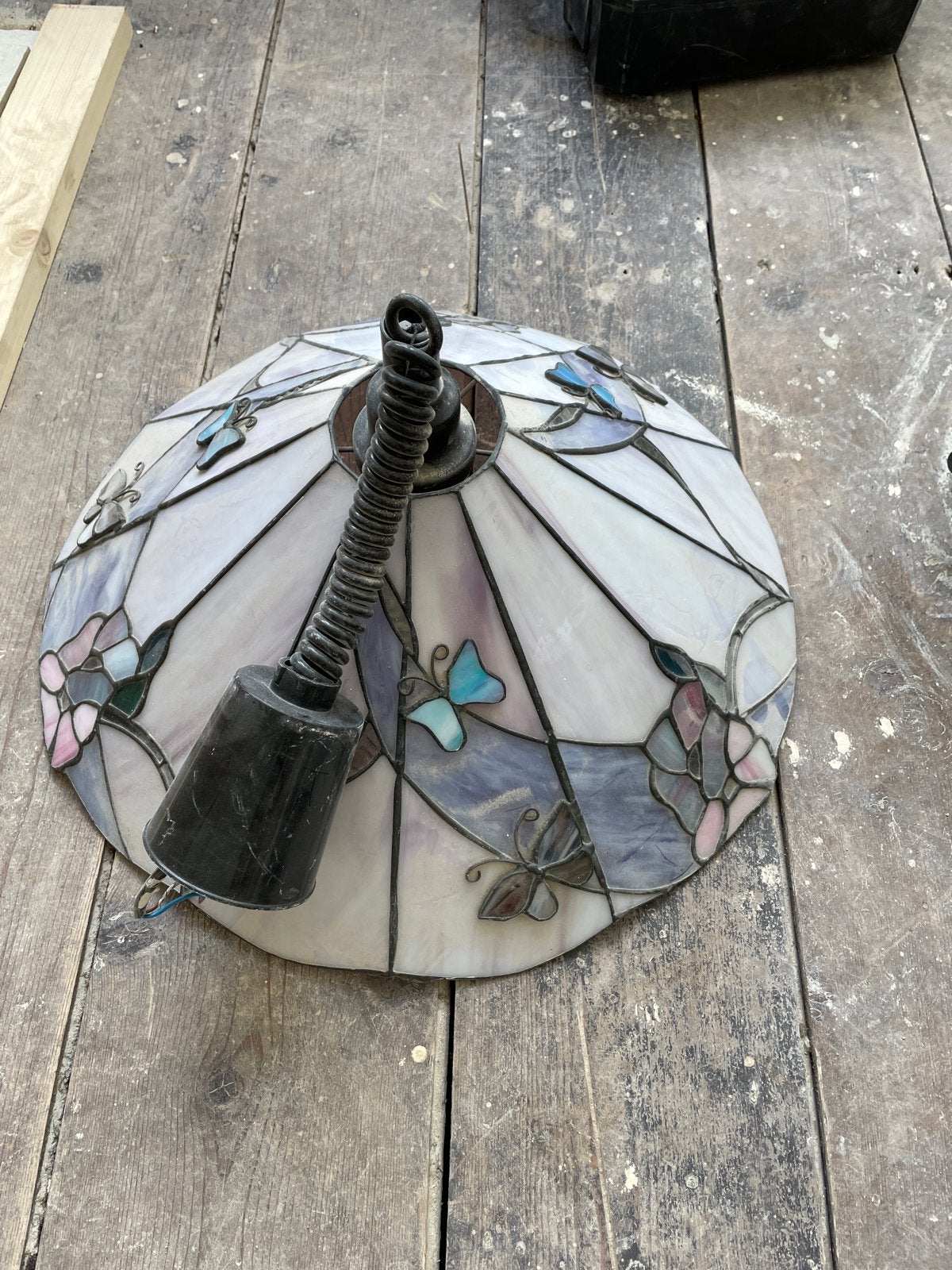 Glas in lood hanglamp 50cm met vlinders, Ophalen, Gebruikt, Glas, E27 (groot)