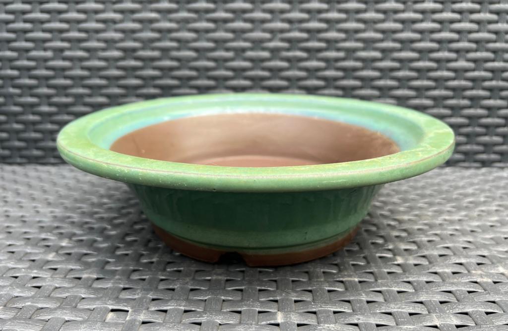 Bonsai schaal rond groen geglazuurd Japans aardewerk 24,4x72, Rond, Binnen, Ophalen of Verzenden, Zo goed als nieuw