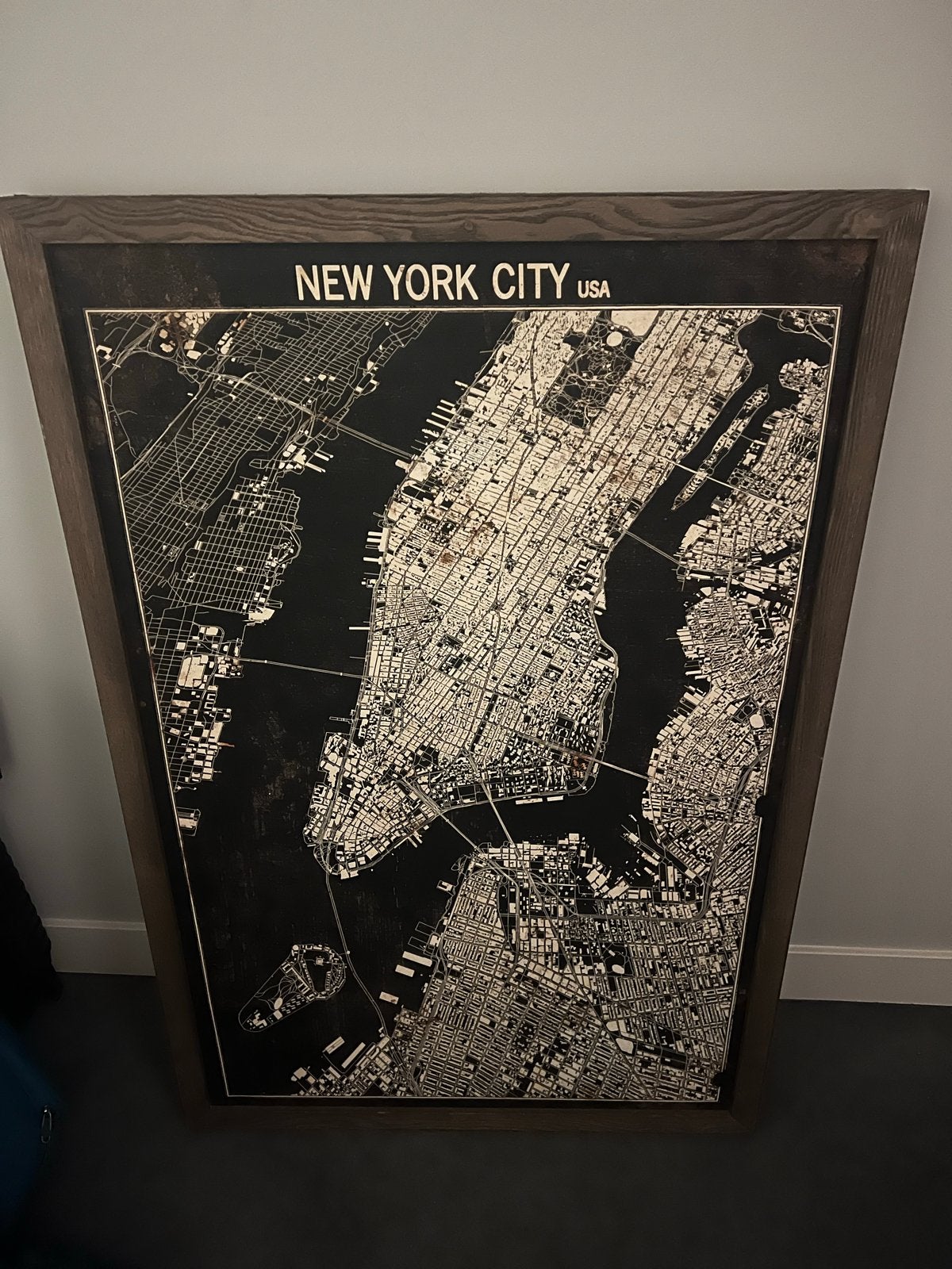 New York City USA Kaart Houten schilderij, Overige typen, Ophalen of Verzenden, Zo goed als nieuw, 75 tot 100 cm