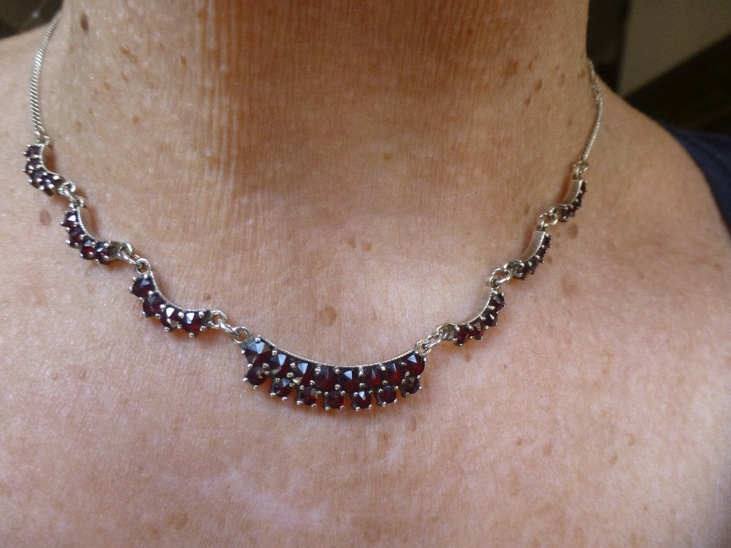 Antiek verguld Zilver Guirlande Collier met Granaatjes, Sieraden, Tassen en Uiterlijk, Antieke sieraden, Verzenden, Zilver, Ketting