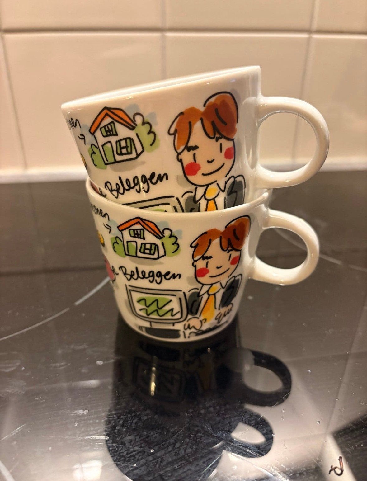 Blond Amsterdam ABN AMRO Koffiemokjes (set van 2), Blond Amsterdam, Ophalen of Verzenden, Zo goed als nieuw, Steen/keramiek