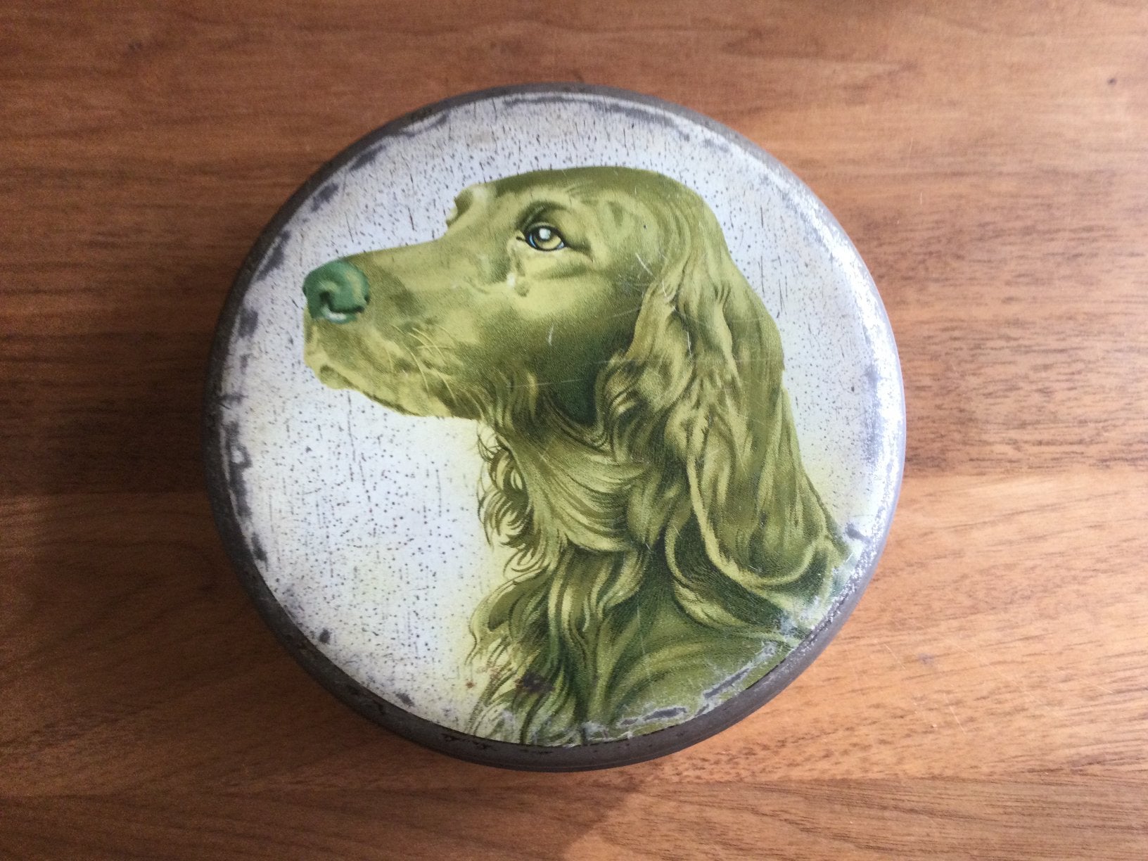 Oud, rond blik met afbeelding van Ierse Setter - Wilkin, Verzamelen, Blikken, Ophalen of Verzenden, Gebruikt, Overige