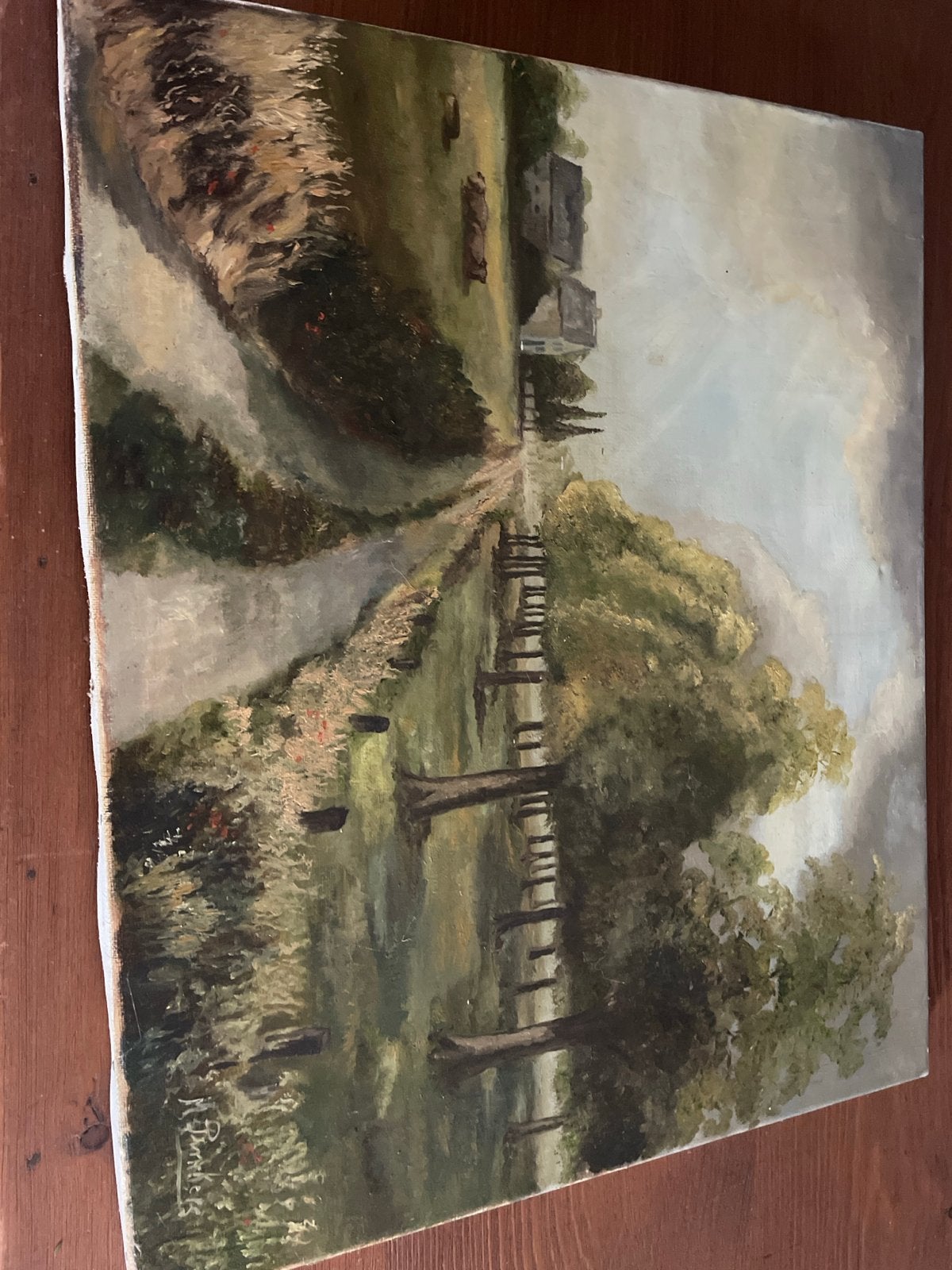 Schilderij M. Pinkers - Landschap met boerderij en vee, Ophalen, Doek, Realistisch, Gesigneerd