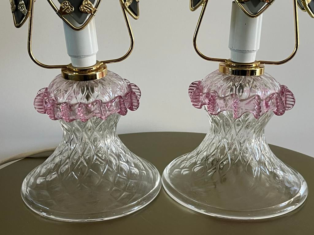 2 Murano glazen tafellampjes met Lotus lamp kapjes, Ophalen, Zo goed als nieuw, Glas, Minder dan 50 cm
