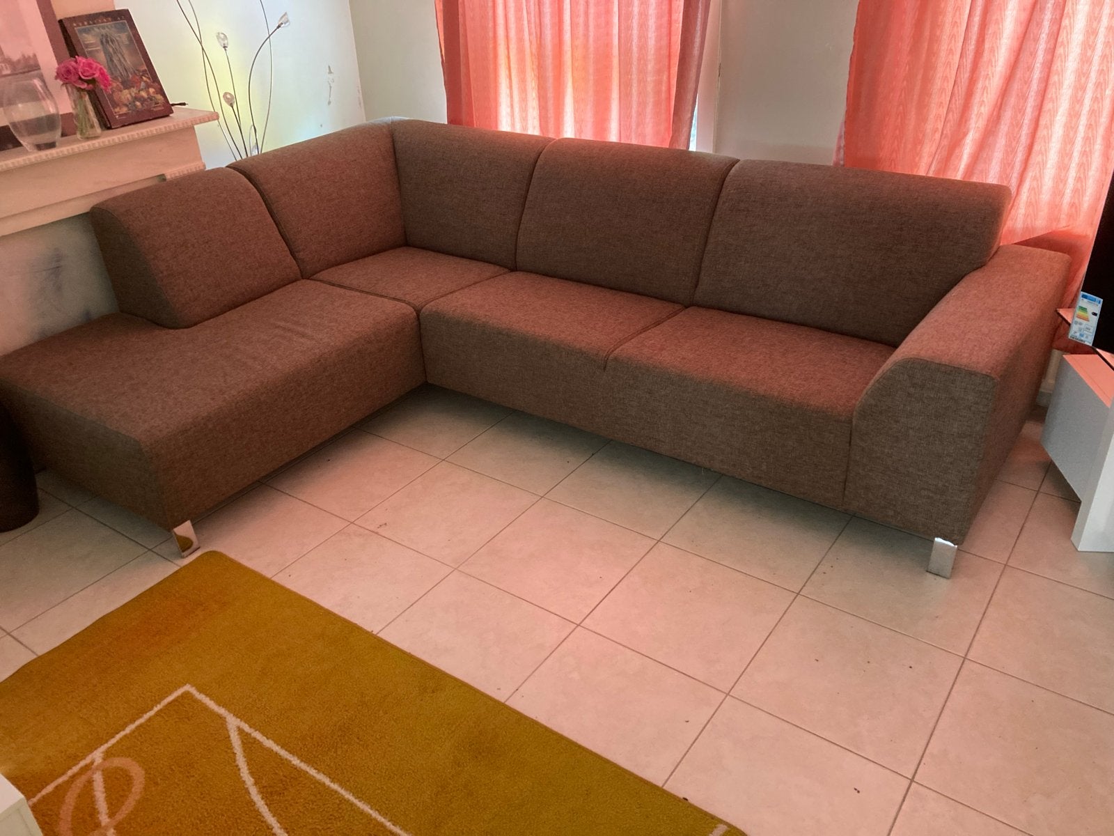 2x Comfortabele hoekbank in bruine stof, Ophalen, 250 tot 300 cm, Gebruikt, Hoekbank