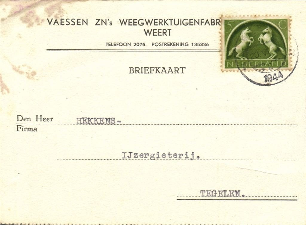 Vaessen Zn Weegwerktuigenfabriek, Weert - 06.1944 - briefkaa, Ophalen of Verzenden, Briefkaart