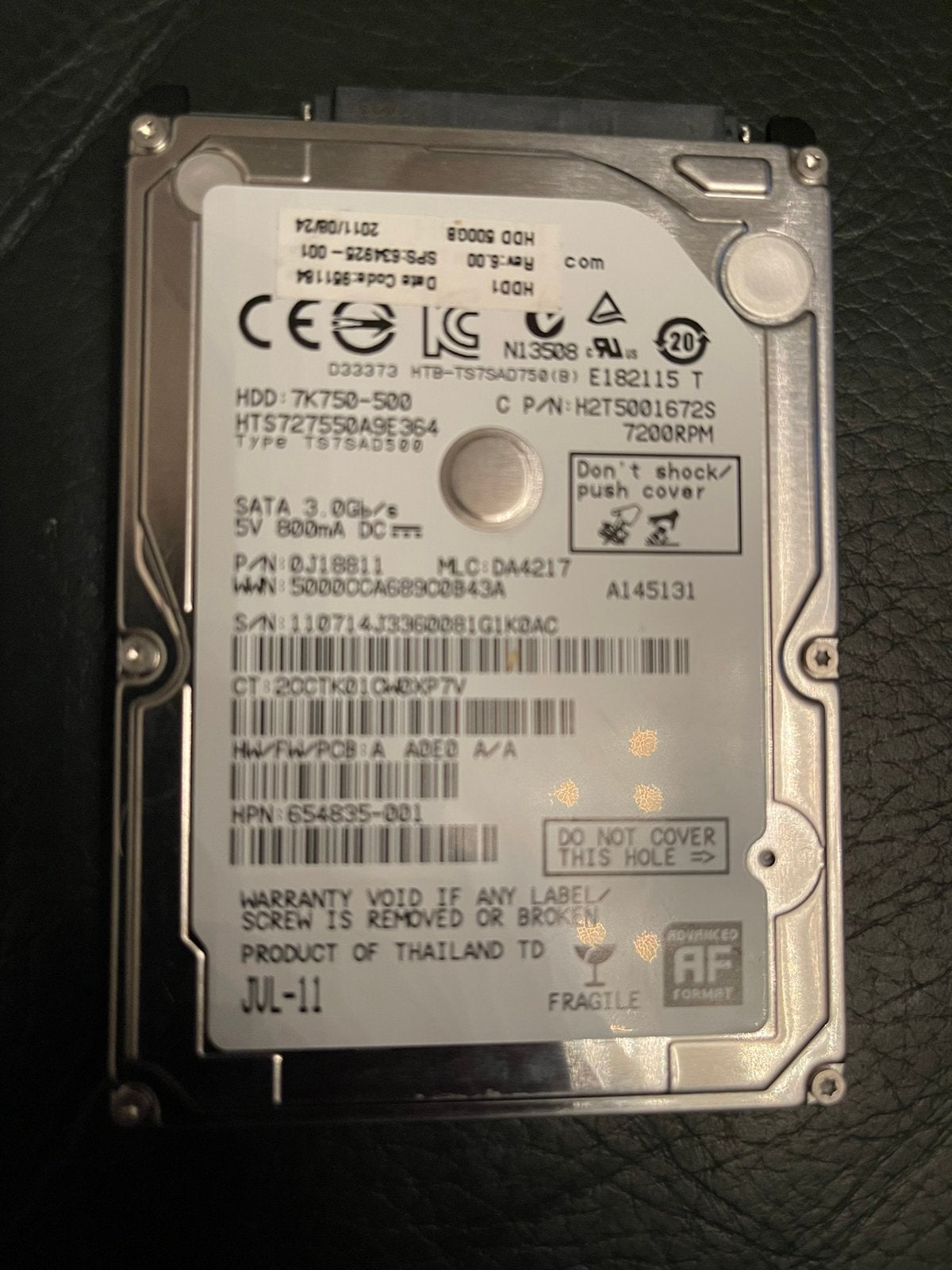 Hitachi Travelstar 500GB 2,5” SATA HDD 7200RPM – Getest, Intern, Ophalen of Verzenden, Zo goed als nieuw, Laptop