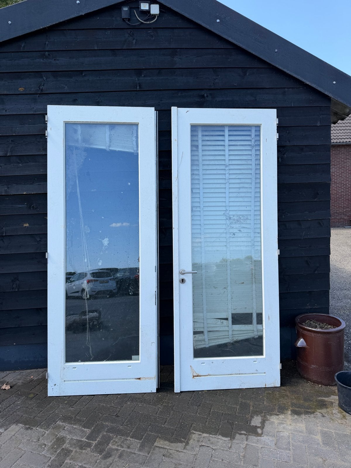 Houten dubbele klapdeur met glas zeer degelijk, Ophalen, Gebruikt, 120 cm of meer, Binnendeur