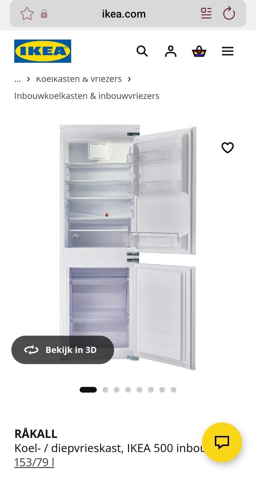 IKEA RÅKALL Koel- / diepvrieskast, 153/79 L, Ophalen, Gebruikt, 200 liter of meer, 60 cm of meer