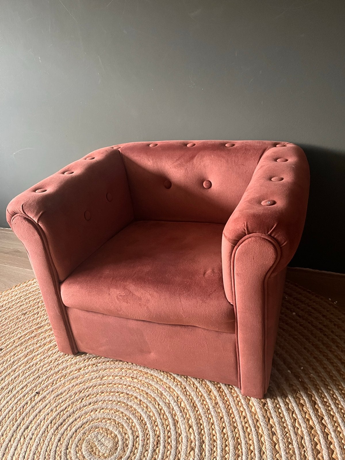Roze fluwelen kinderfauteuil, Ophalen, Minder dan 50 cm, Minder dan 75 cm, Zo goed als nieuw
