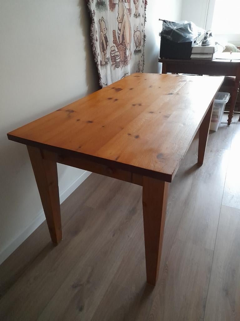 Grenen houten eettafel met lade en verlengstuk., Ophalen, Gebruikt, 50 tot 100 cm, 150 tot 200 cm
