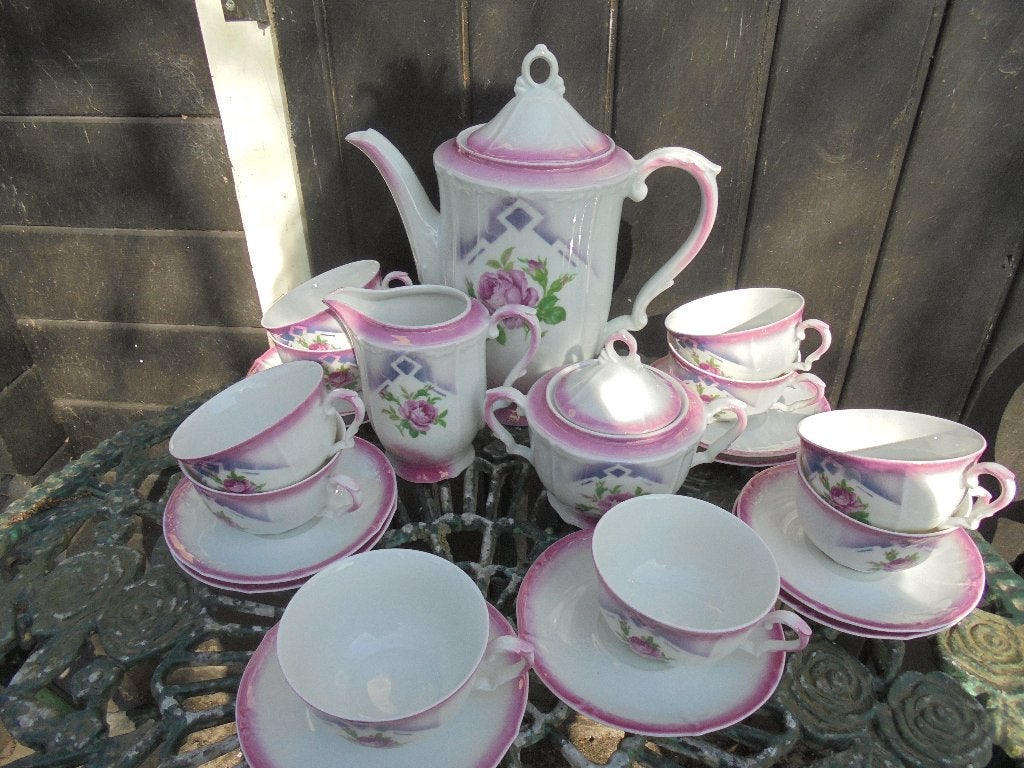 Koffieservies met grote roze roos en roze / paarse parelmoer, Ophalen of Verzenden