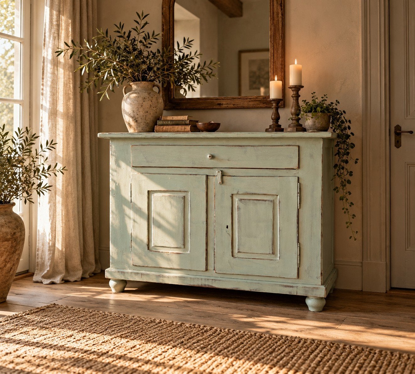 Mooi Brocant Dressoir Grenen Hout Blauw, 100 tot 150 cm, Met lade(s), Ophalen of Verzenden, Zo goed als nieuw