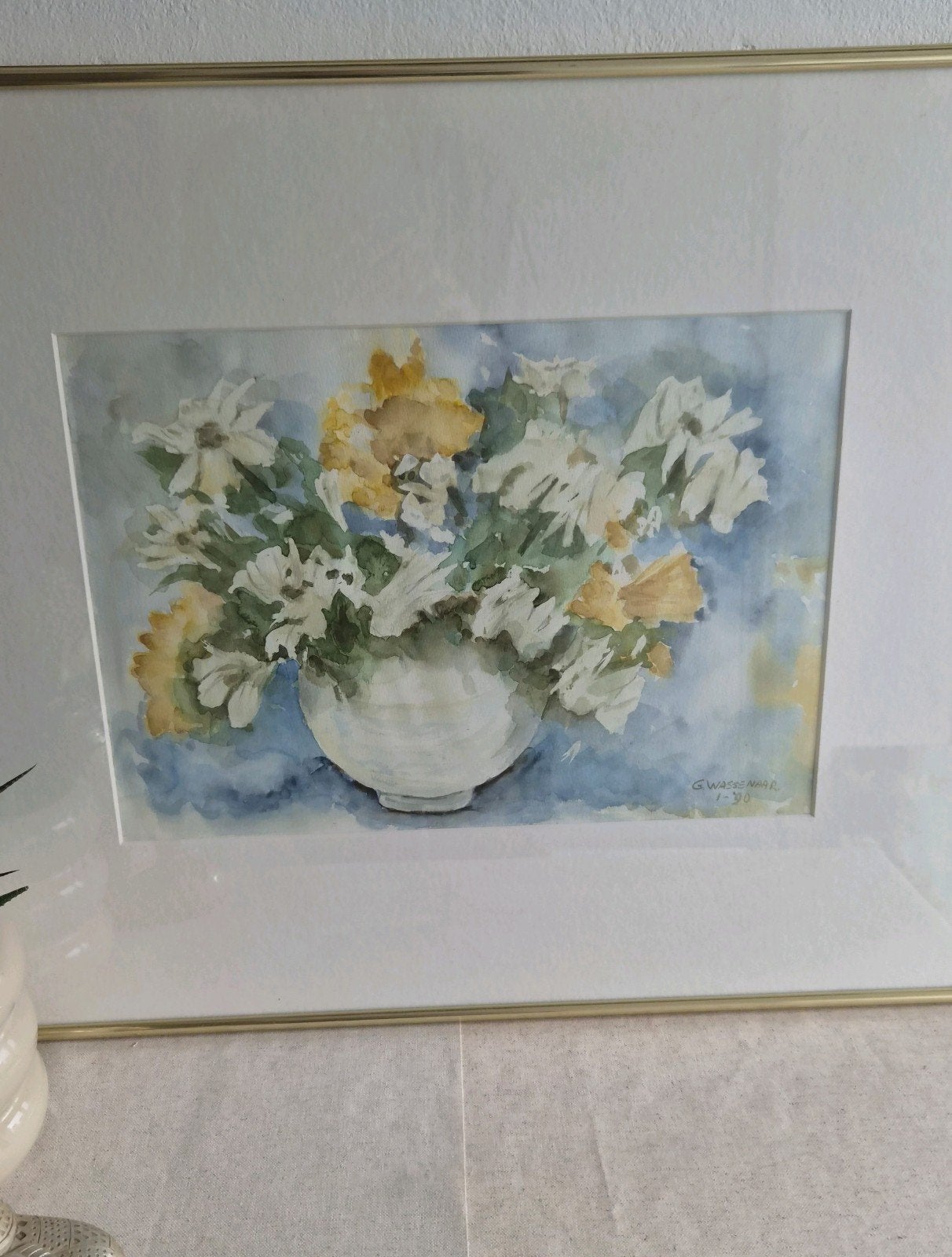 Aquarel bloemen in vaas, gesigneerd en ingelijst, Antiek en Kunst, Ophalen