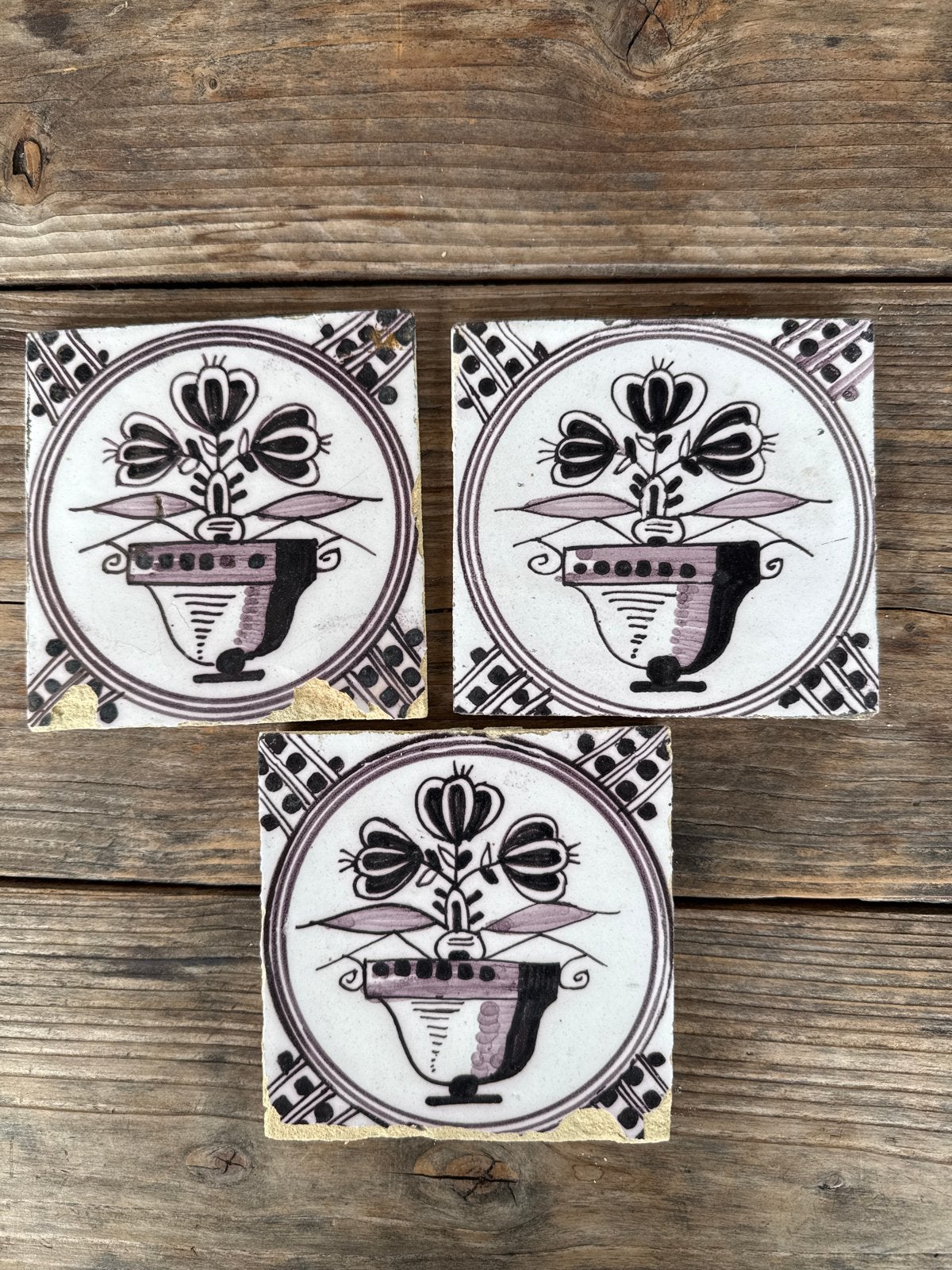 Set van 3 Antieke tegels met Bloemmotief, Ophalen
