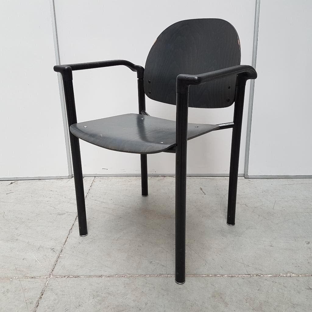 4x houten kantine stoelen / stapelstoelen met stalen frame, Huis en Inrichting, Stoelen, Ophalen, Gebruikt, Kunststof, Vier