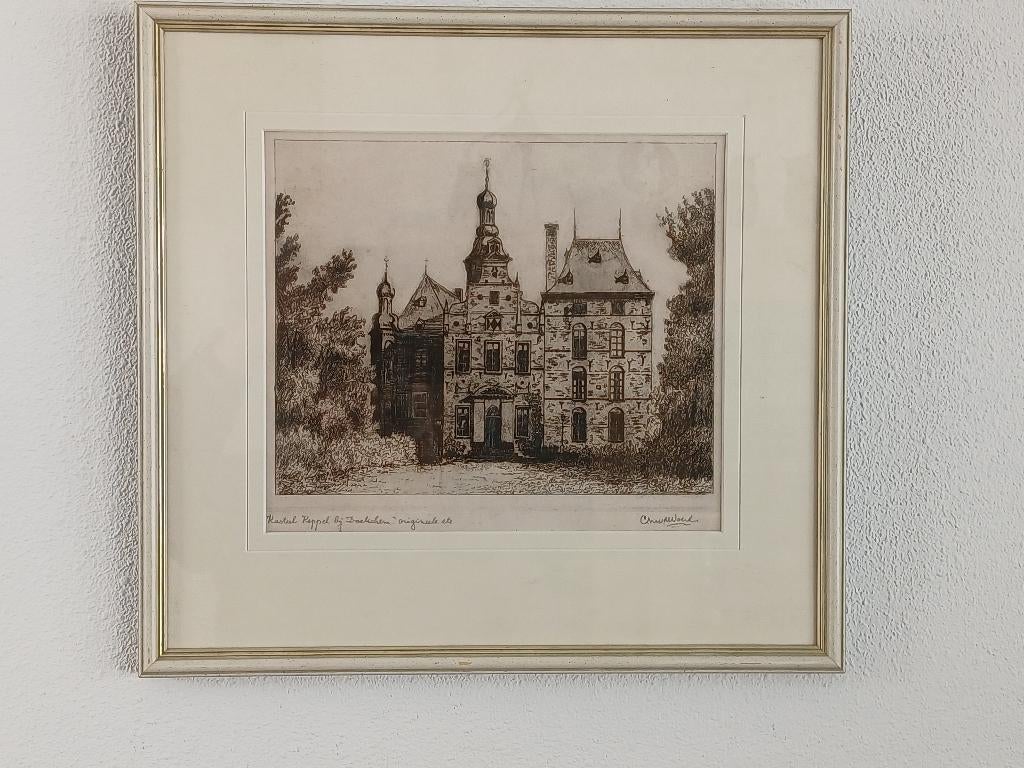Kasteel Keppel bij Doetinchem, Antiek en Kunst, Kunst | Etsen en Gravures, Ingelijst, Architectuur, Ophalen of Verzenden, 25 cm