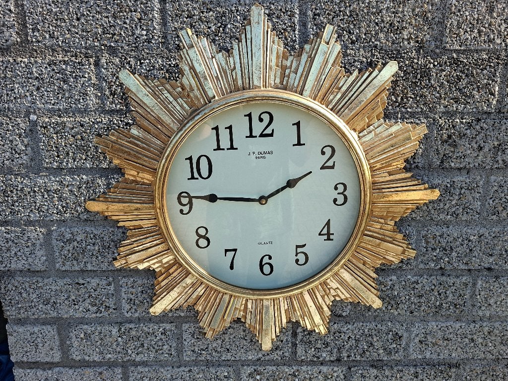 vintage goudkleurige zon grote wandklok, Huis en Inrichting, Ophalen of Verzenden, Gebruikt, Wandklok