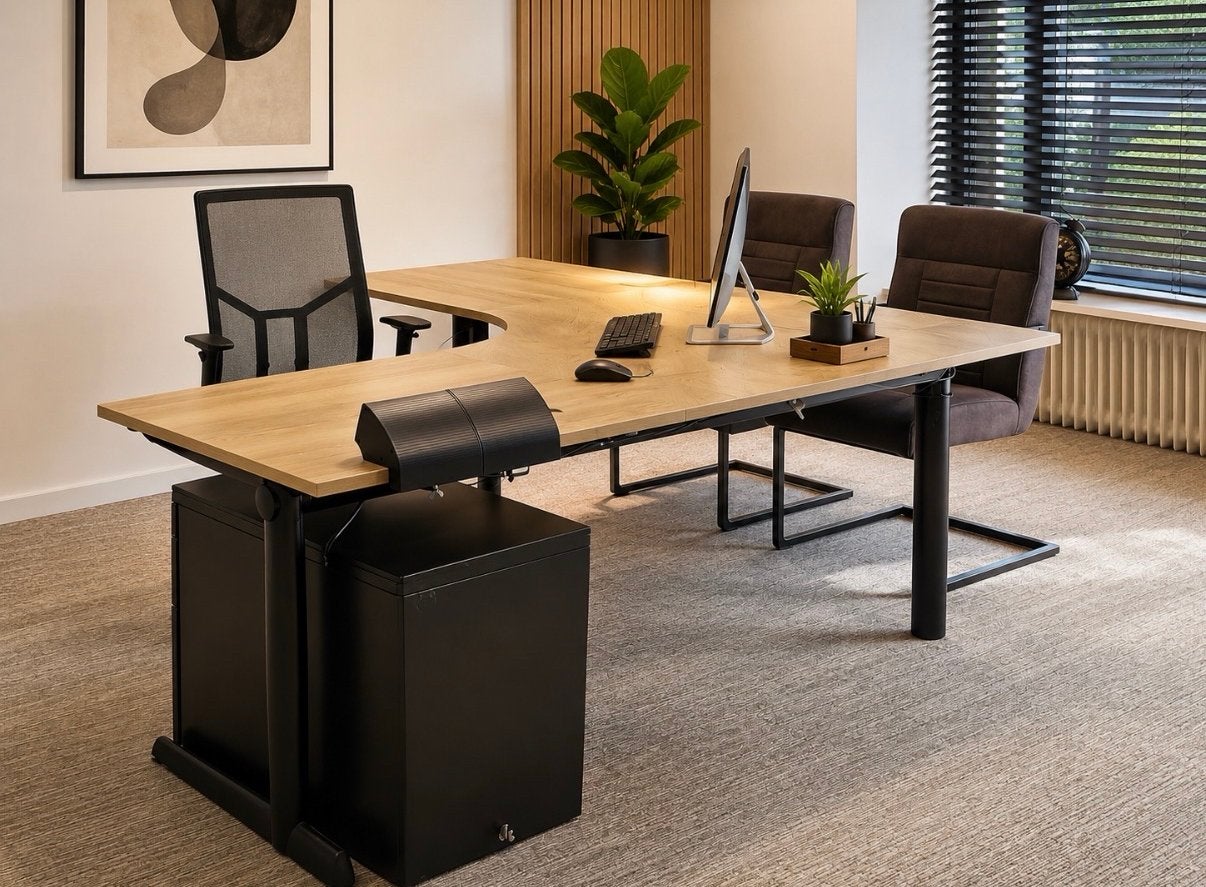 Hoekbureau met stoelen en ladekas, Huis en Inrichting, Bureaus, Ophalen, Hoekbureau, Bruin, Zo goed als nieuw