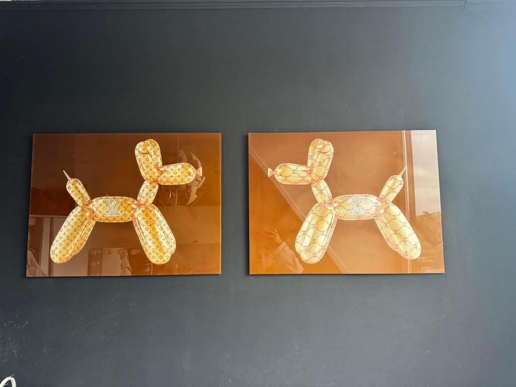 Set van 2 ballonhond glazen wanddecoraties met luxe merken, Ophalen, Schilderij, Achter glas, Zo goed als nieuw