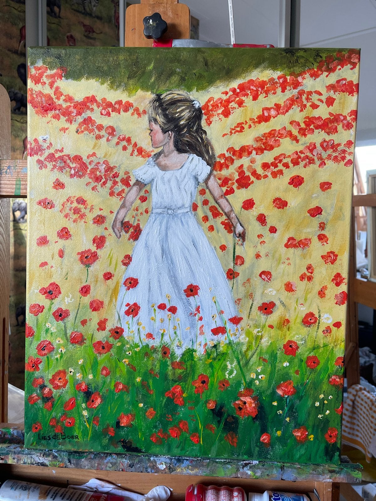 Meisje in klaprozenveld - Acryl op canvas 40x50 cm, Handgeschilderd, Ophalen of Verzenden, Textiel, Figuren