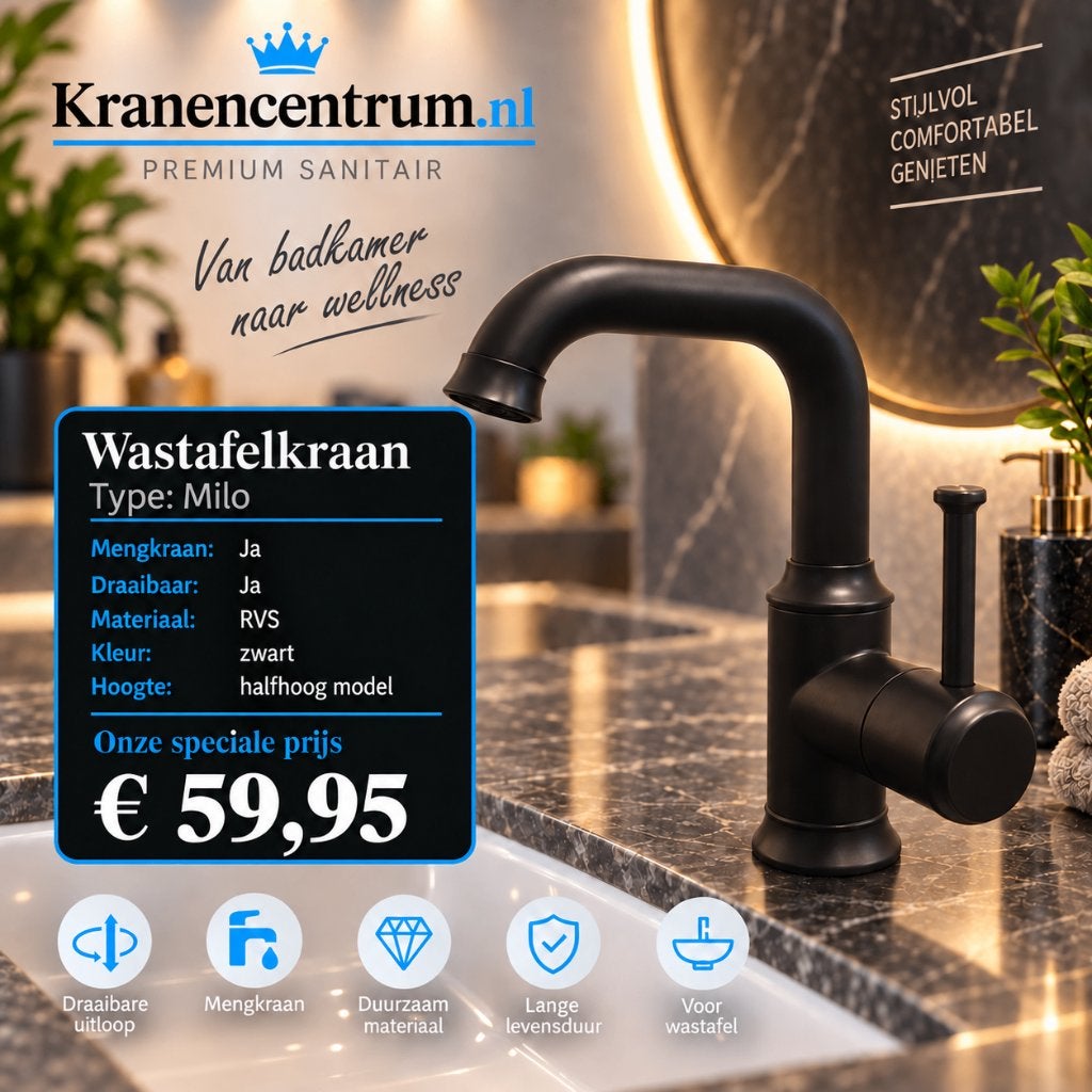 Wastafelkraan MILO Zwart Design badkamer mengkraan TIJDLOOS, Ophalen of Verzenden, Nieuw, Koper, Kraan