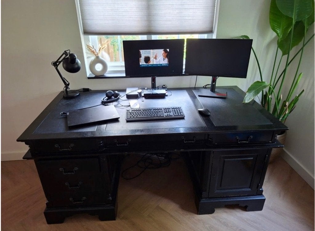 Zwart houten bureau met leer ingelegd (81x181x91cm), Antiek, Ophalen, Zo goed als nieuw, Bureau-kast combinatie