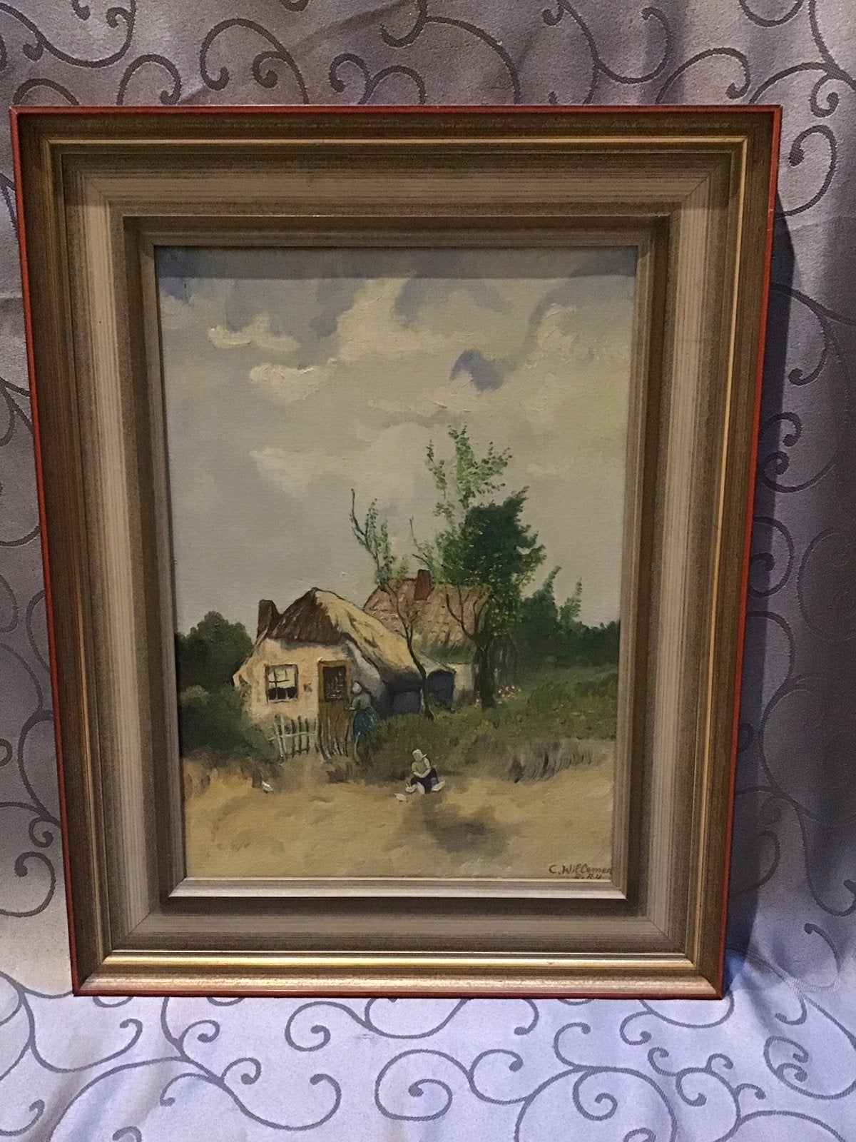 Schilderij oude boerderij. In meerkleurige houten lijjst, Antiek en Kunst, Kunst | Schilderijen | Klassiek, Ophalen