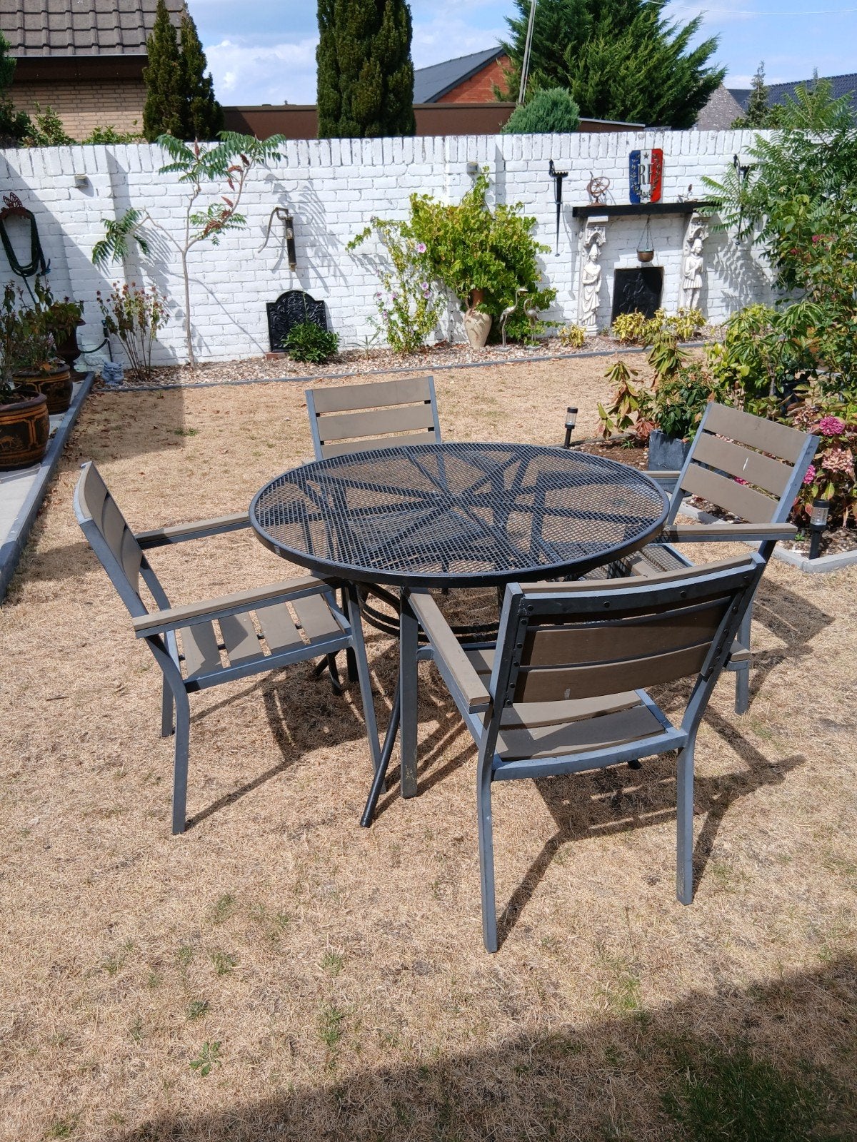 Tuinset met aluminium stoelen en ijzeren tafel, Tuin en Terras, Tuinsets en Loungesets, Ophalen, 4 zitplaatsen, Gebruikt, Aluminium