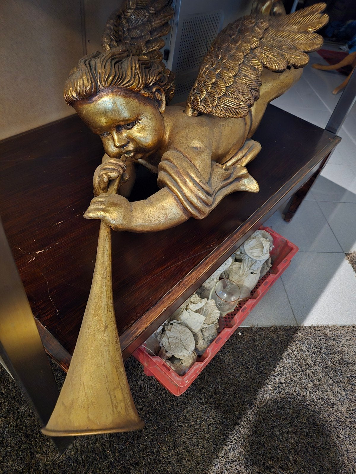 Gouden Engel met Trompet - Decoratief Beeld, Antiek en Kunst, Antiek | Overige Antiek, Ophalen