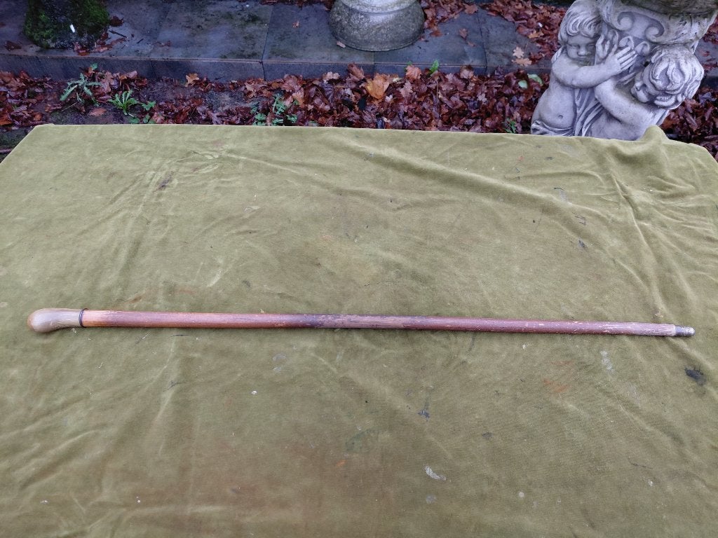 Antieke wandelstok met koperen punt en benen knop., Ophalen of Verzenden