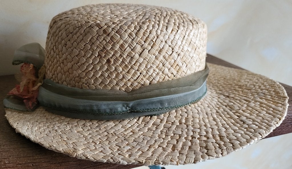 Strohoed voor dames, lint en tule bloem *** VINTAGE ***, Kleding | Dames, Hoeden en Petten, 55 cm (S, 6⅞ inch) of minder, Hoed