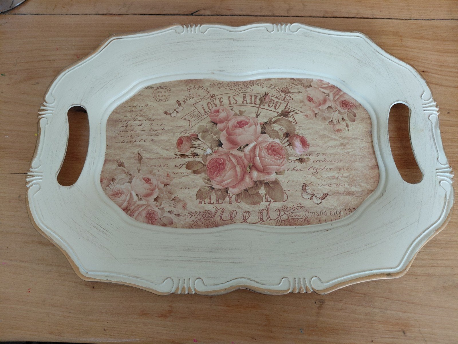 Mooi landelijk dienblad ovaal met rozen, Ophalen of Verzenden, Ovaal
