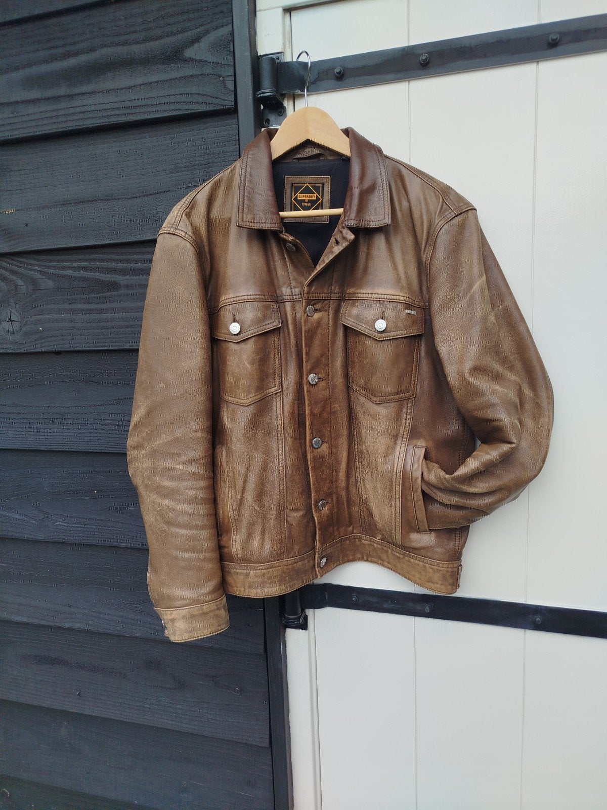 Stoere Superdry lederen Jackie - Maat L, Maat 52/54 (L), Bruin, Ophalen of Verzenden, Gedragen