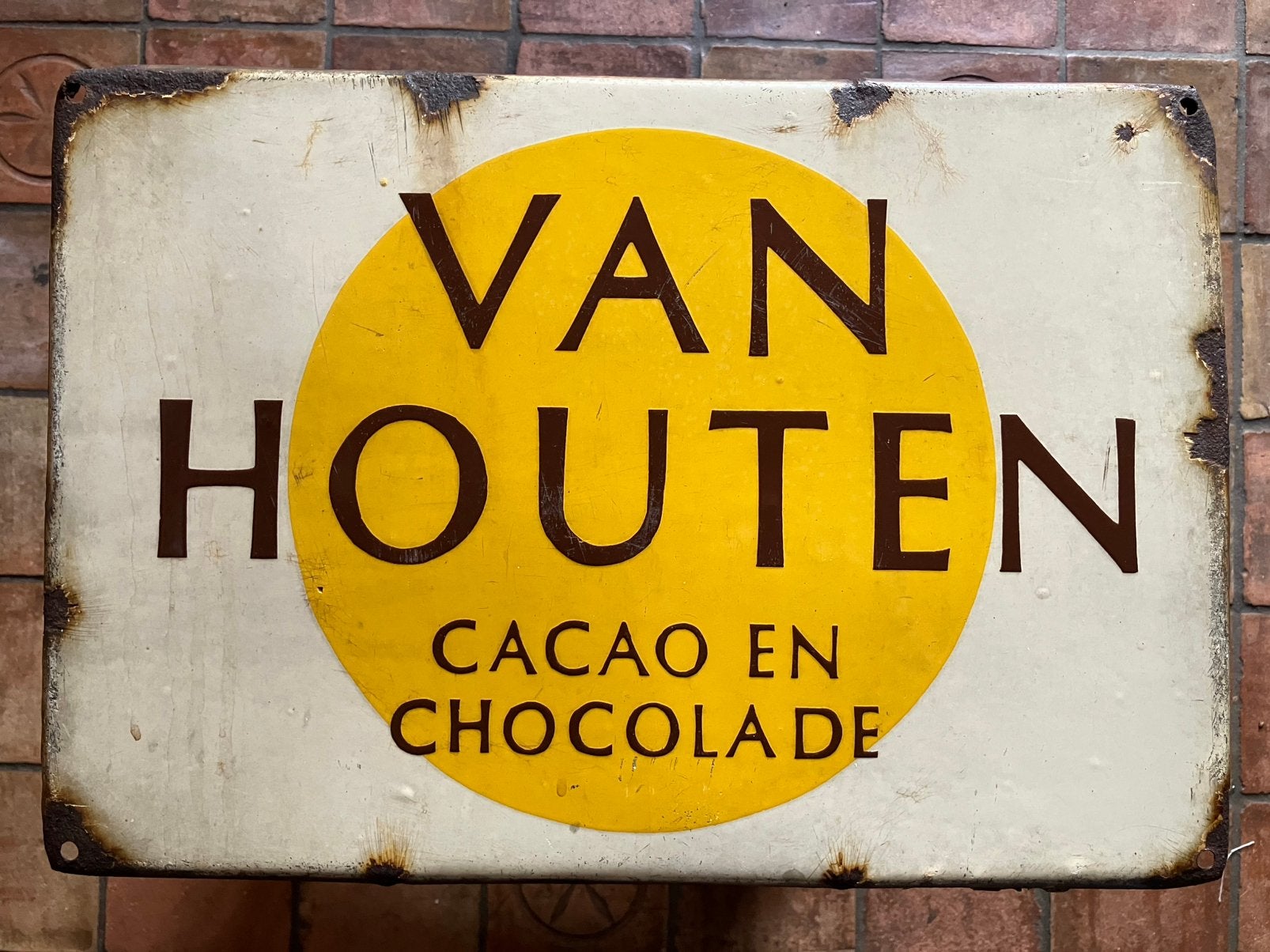 Emaille reclamebord Van Houten cacao chocolade, Ophalen, Gebruikt, Reclamebord