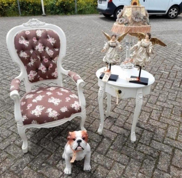 Brocante fauteuil opnieuw gestoffeerd, Ophalen, Zo goed als nieuw, 75 tot 100 cm