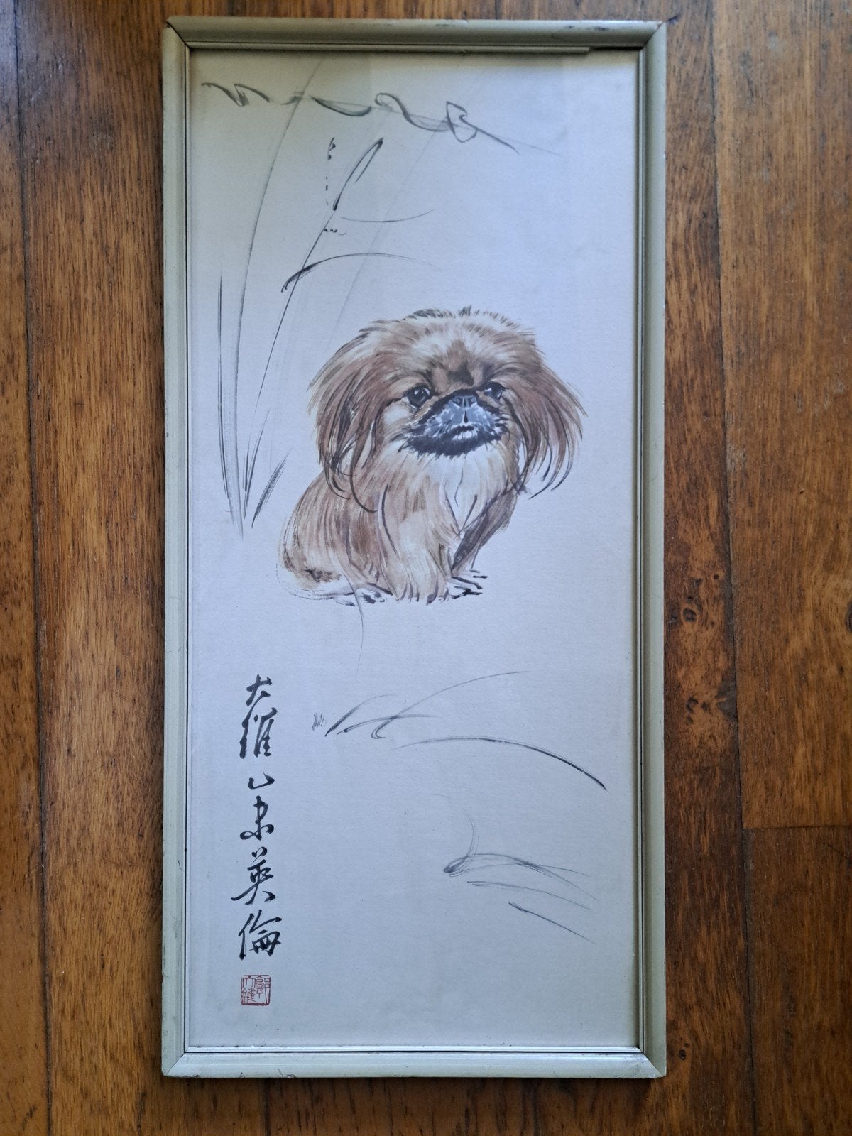 Vintage Chinese lithografie Hond Pekinees David Kwok 1919-2, Antiek en Kunst, Ophalen of Verzenden, Print, Lithografie, Ingelijst